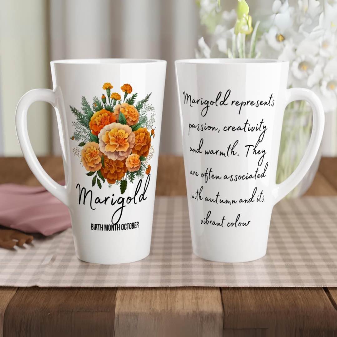 Marigold flower, birth month October -latte 17oz ceramic mug-Alinaimprints -two mugs