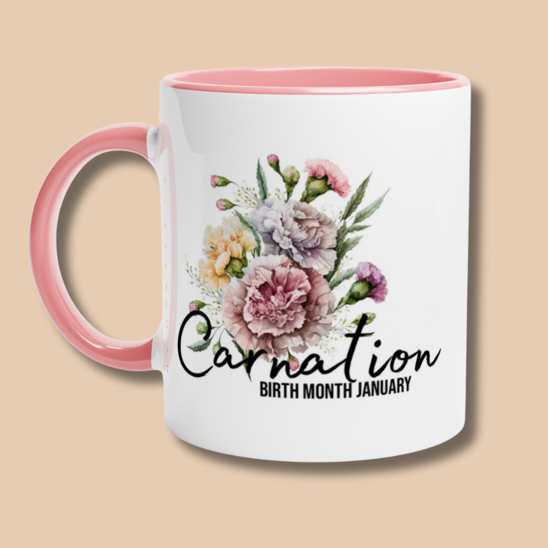 Carnation, birth month January flower White 11oz Ceramic Mug with Color Inside