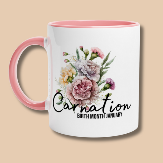 Carnation, birth month January flower White 11oz Ceramic Mug with Color Inside