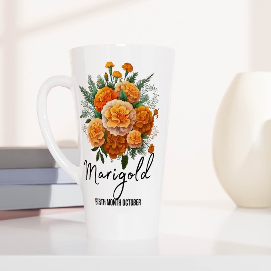 Marigold flower, birth month October -latte 17oz ceramic mug-Alinaimprints 