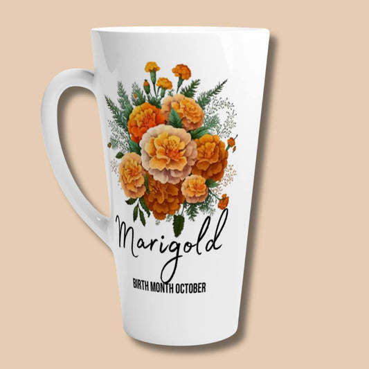 Marigold flower, birth month October -latte 17oz ceramic mug-Alinaimprints 