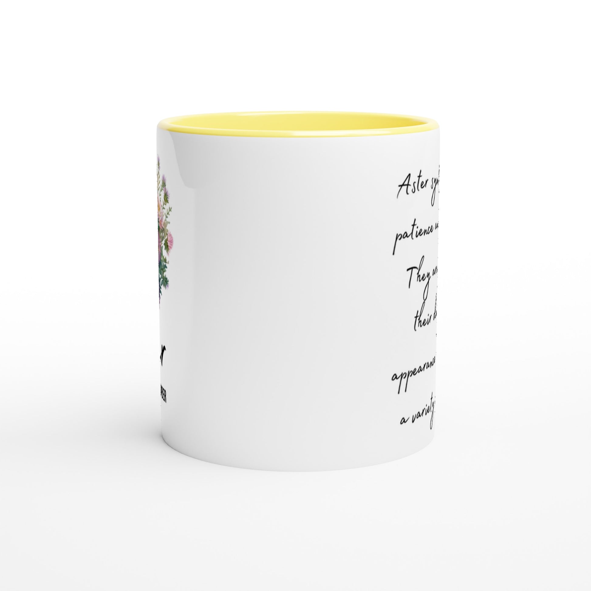 Aster flower- birth month September - 11oz ceramic mug with colour inside-yellow-side- Alinaimprints 