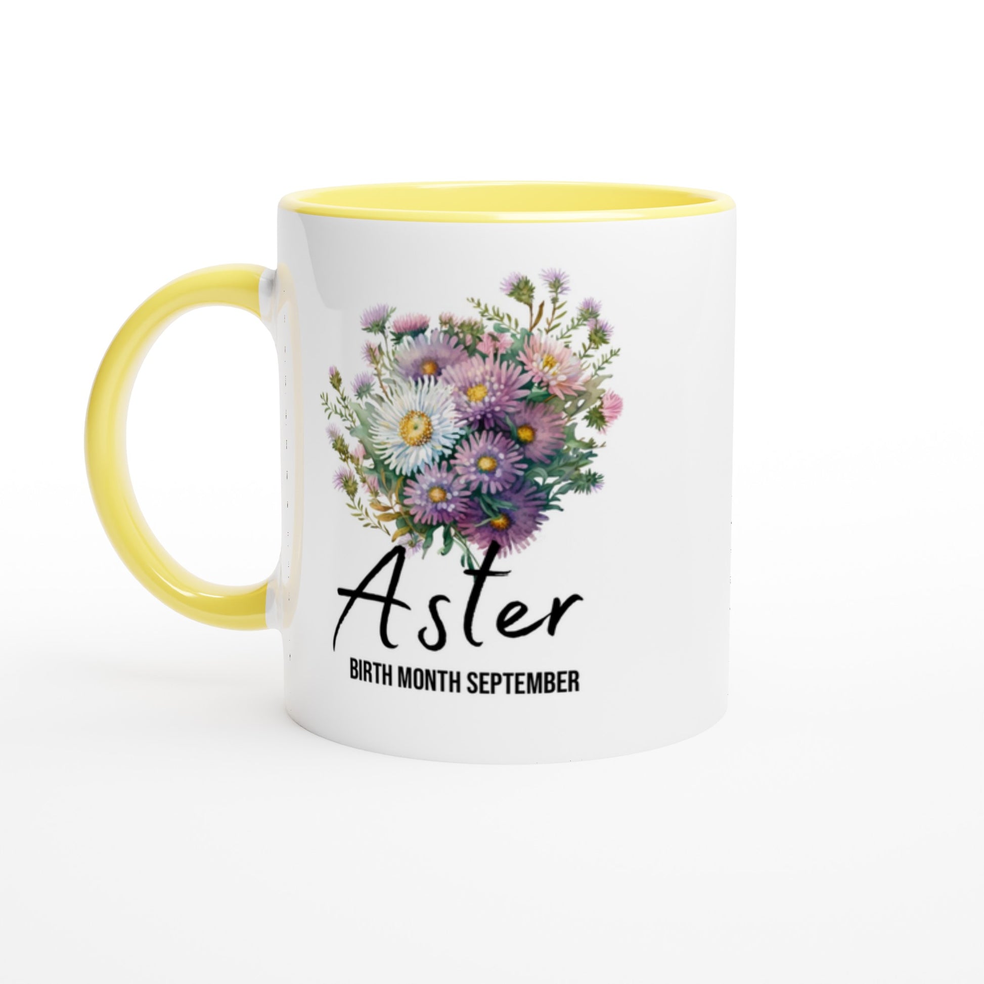 Aster flower- birth month September - 11oz ceramic mug with colour inside-yellow-front- Alinaimprints 