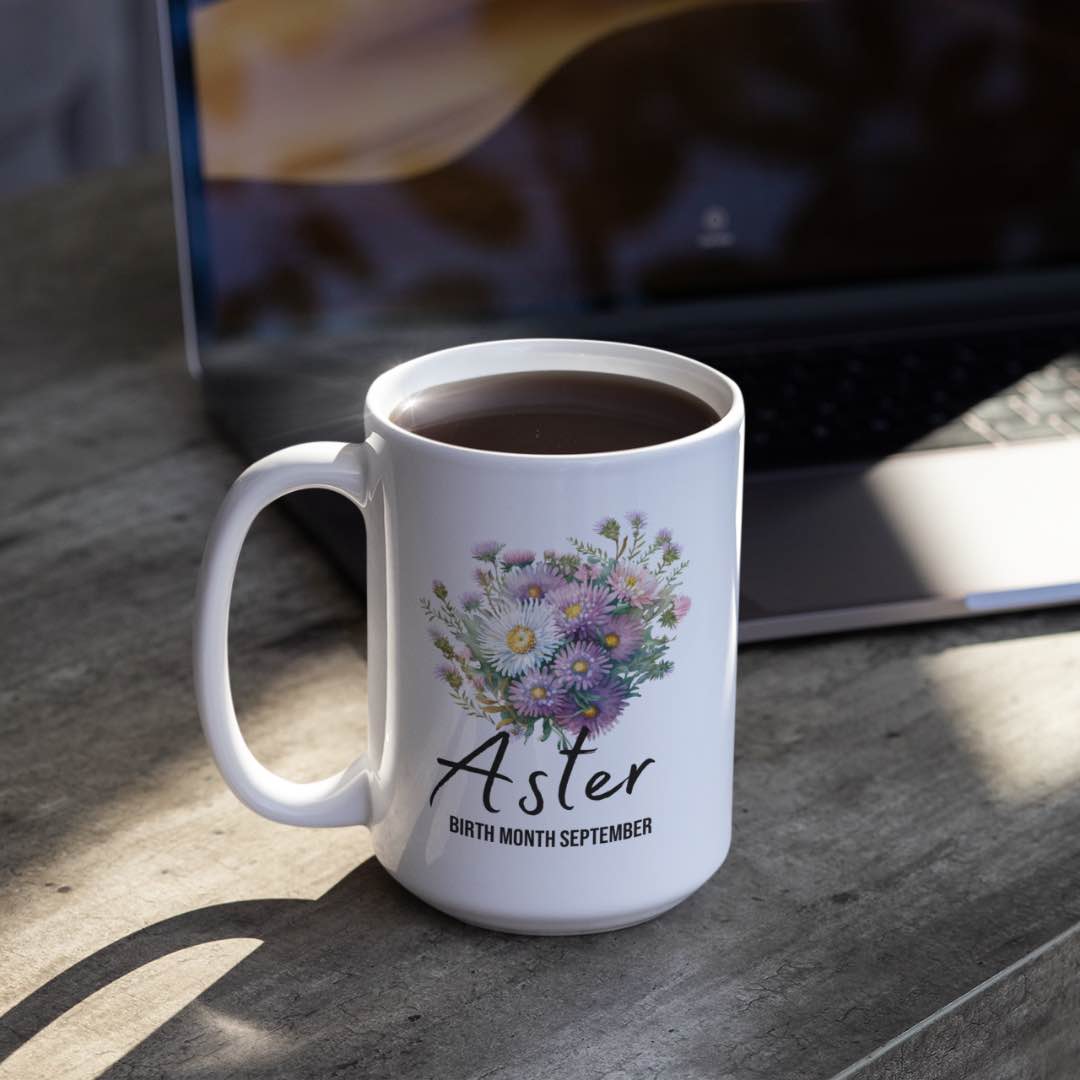 Aster flower-birth month September -15oz ceramic mug-front-Alinaimprints 