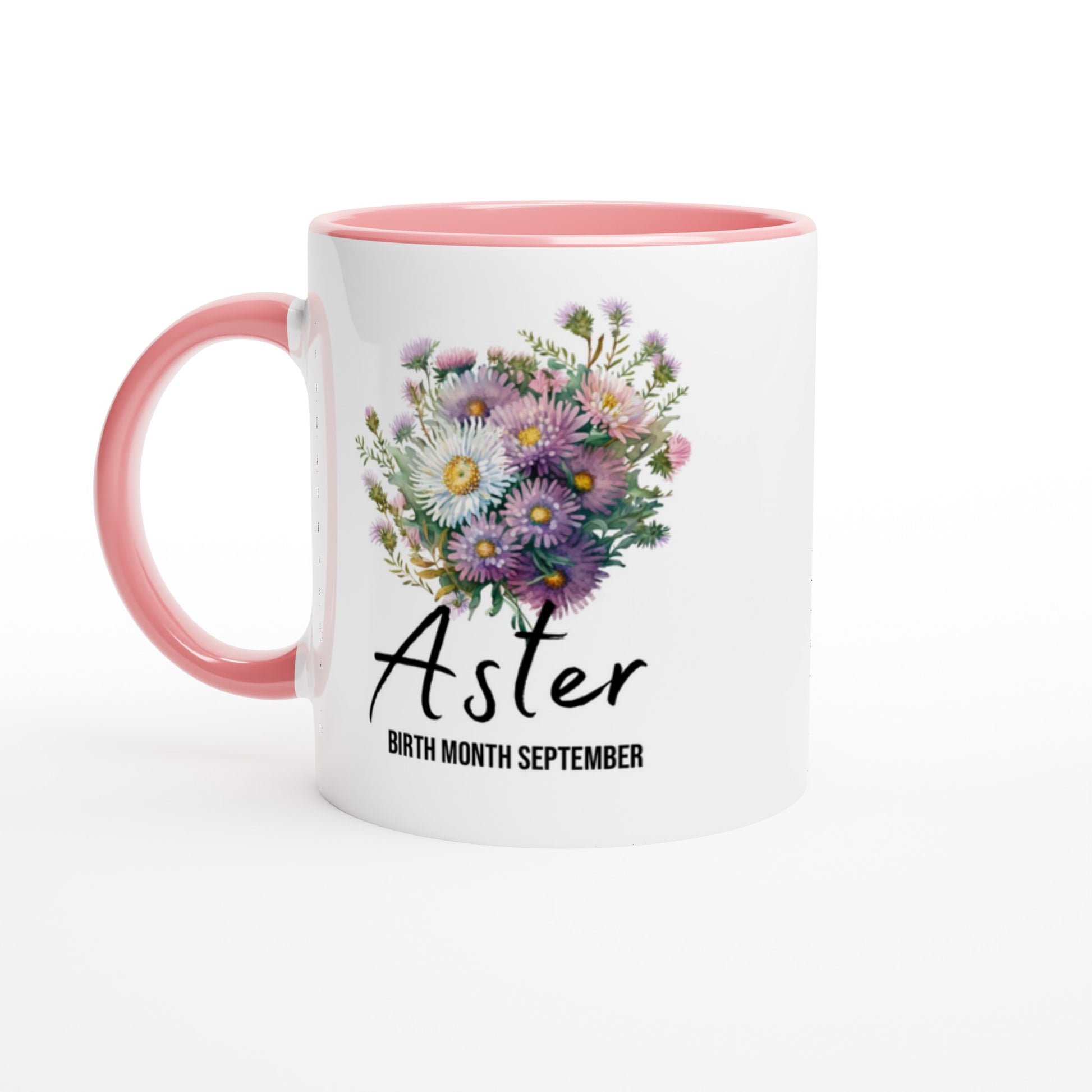 Aster flower- birth month September - 11oz ceramic mug with colour inside-pink-front- Alinaimprints 