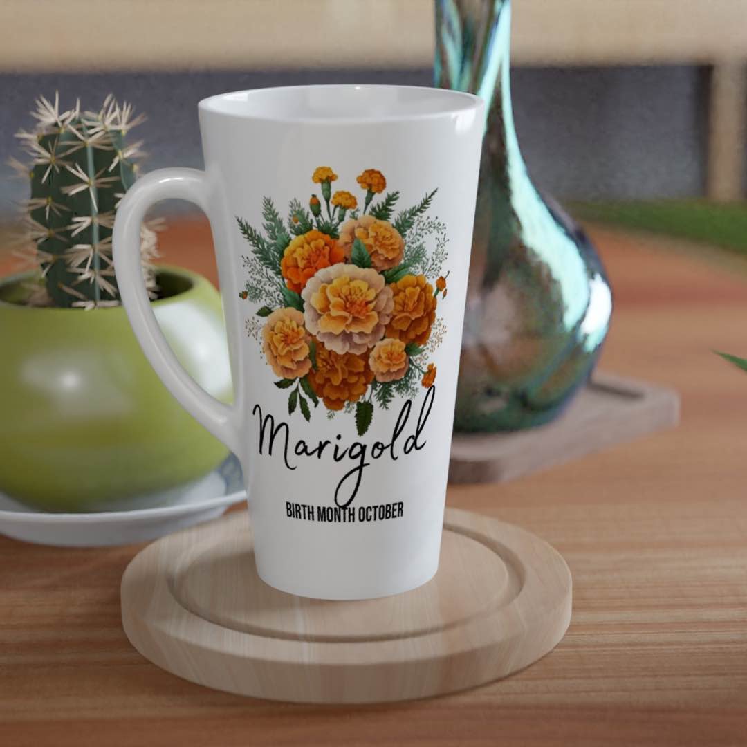 Marigold flower, birth month October -latte 17oz ceramic mug-Alinaimprints 