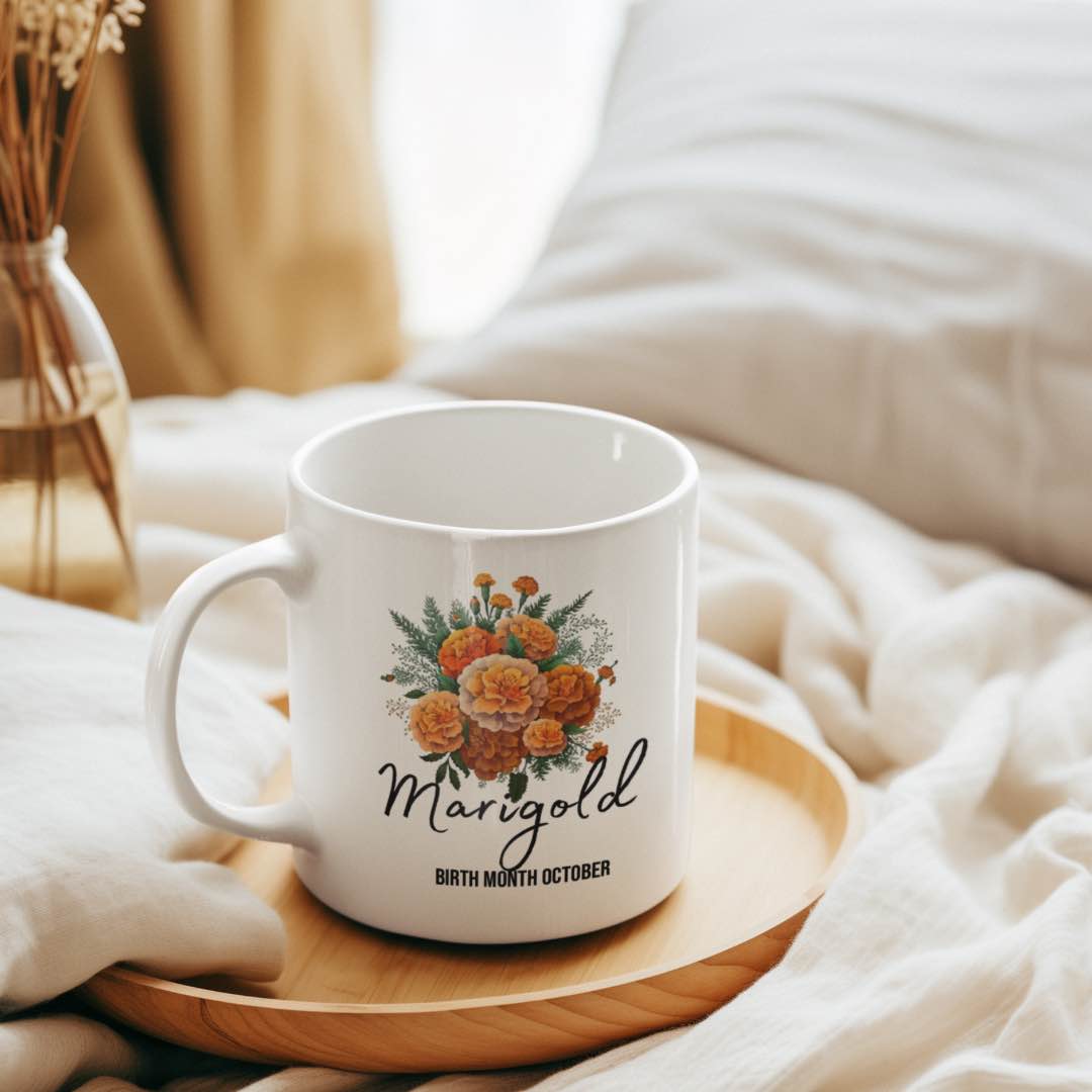 Marigold flower- birth month October - 11oz ceramic mug- front- Alinaimprints 