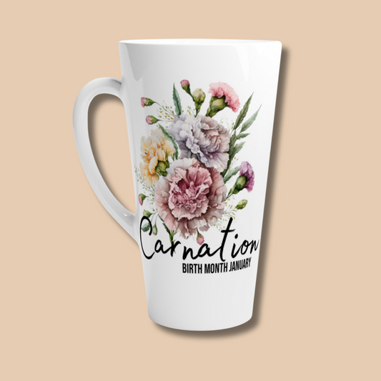 Carnation, birth month January flower White Latte 17oz Ceramic Mug