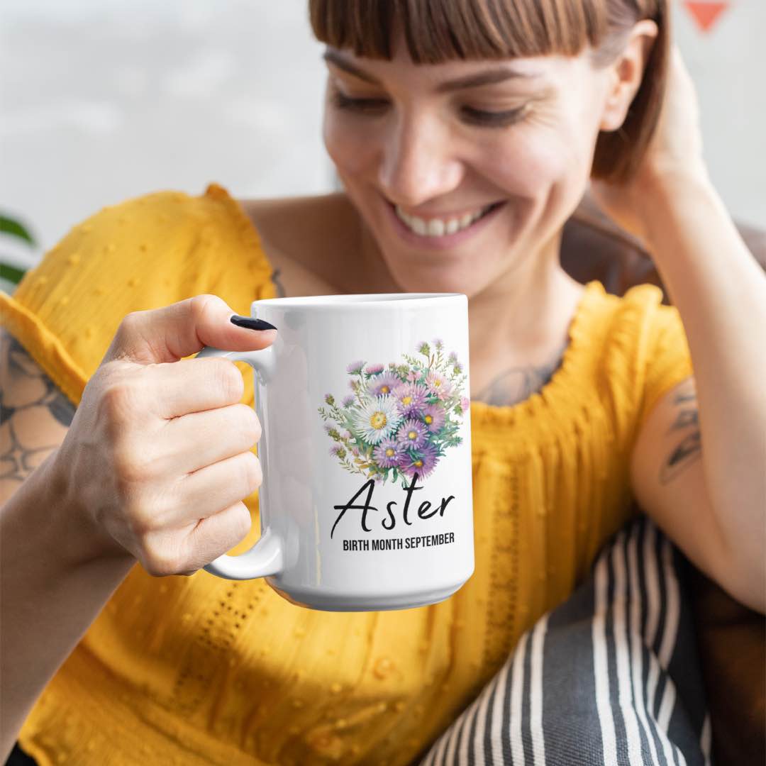 Aster flower-birth month September -15oz ceramic mug-front-Alinaimprints 