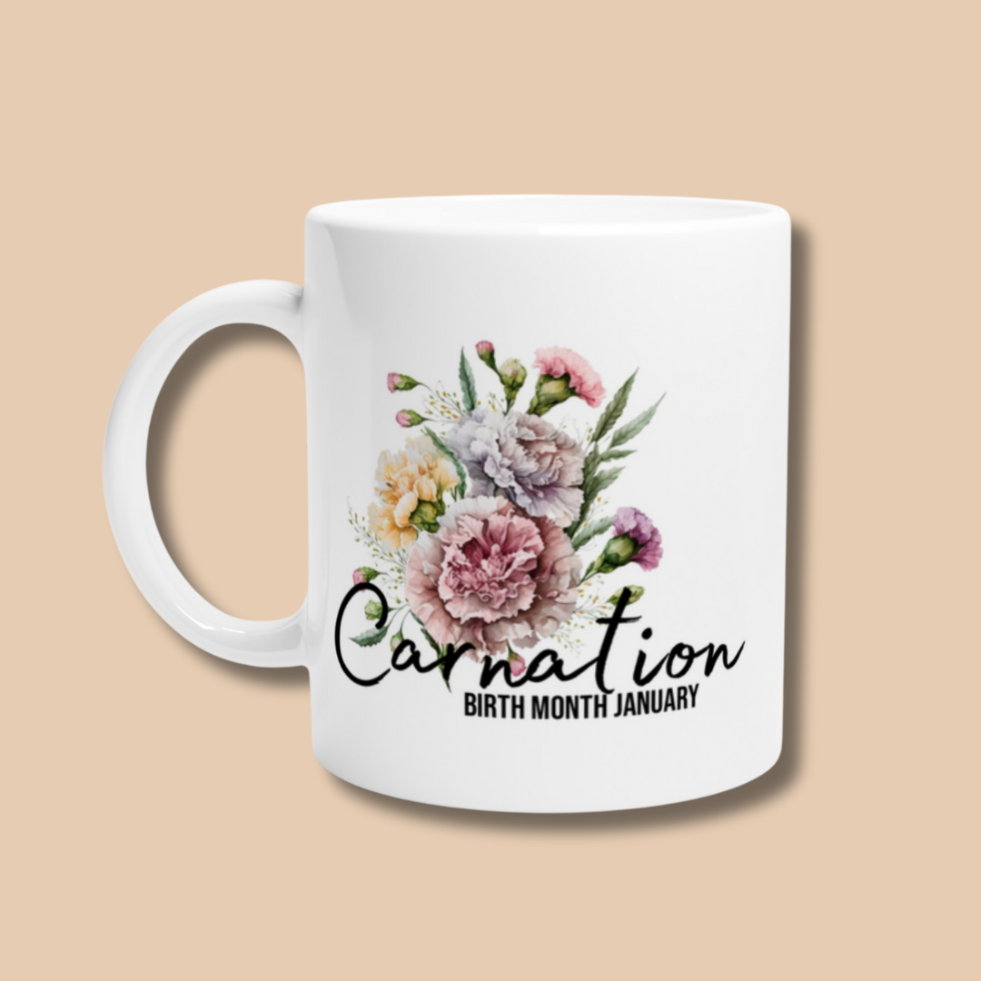 Carnation, birth month January flower White 11oz Ceramic Mug