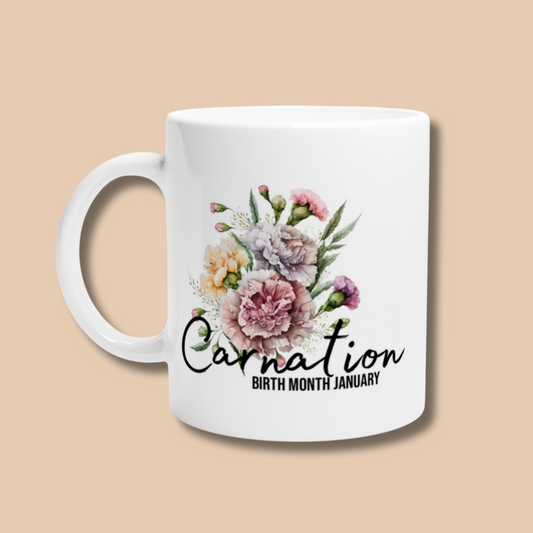 Carnation, birth month January flower White 11oz Ceramic Mug