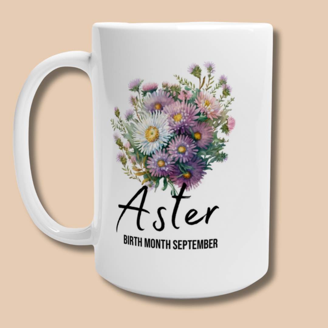 Aster flower-birth month September -15oz ceramic mug-front-Alinaimprints 