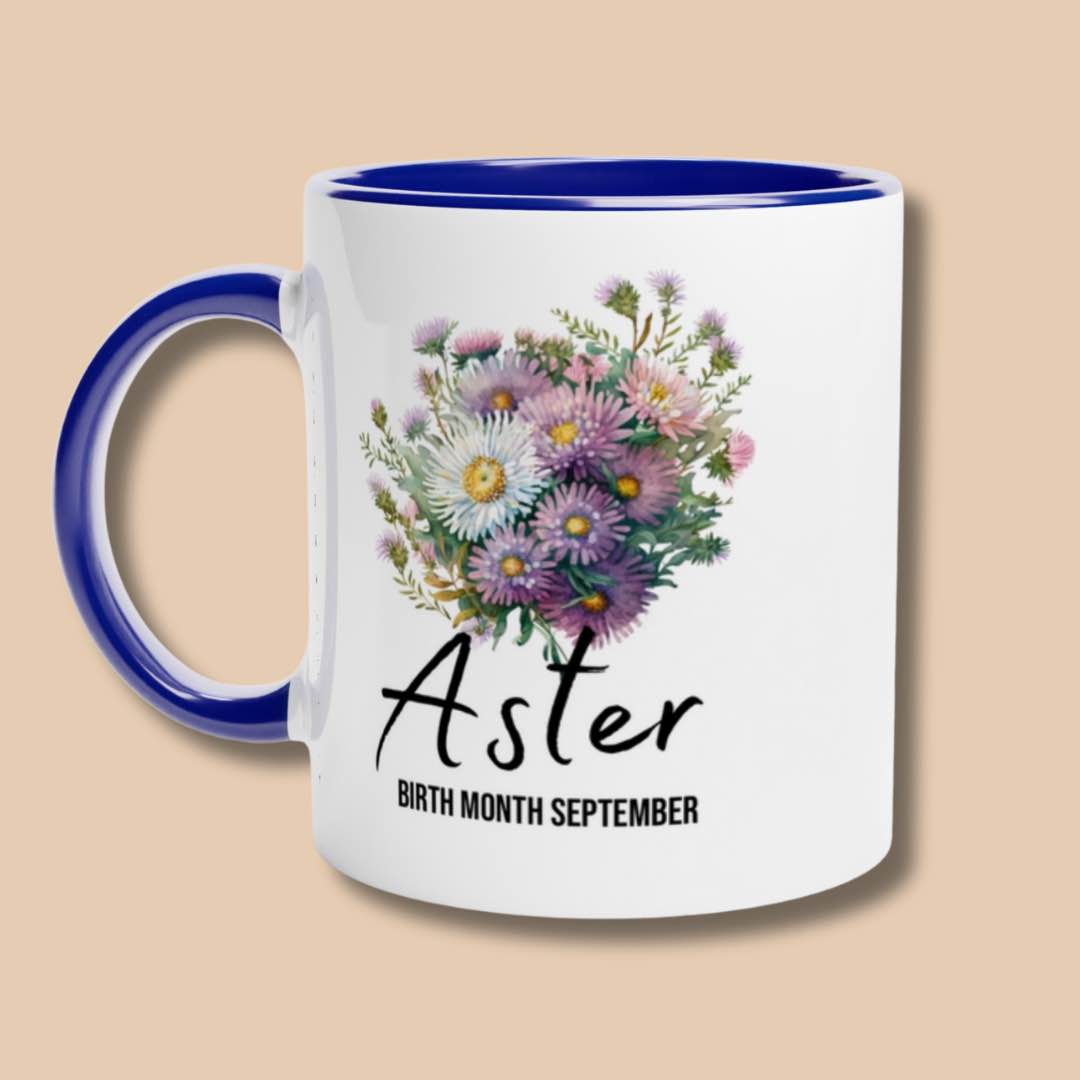 Aster flower- birth month September - 11oz ceramic mug with colour inside-blue-front- Alinaimprints 