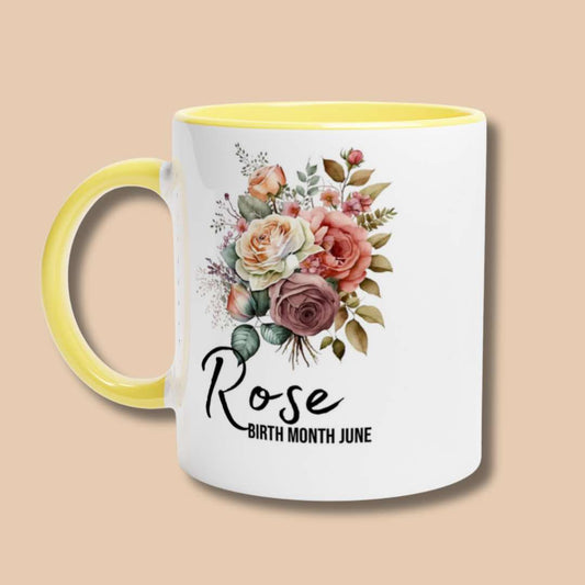 Yellow colour inside mug- rose- birth month flower for June- Alinaimprints 
