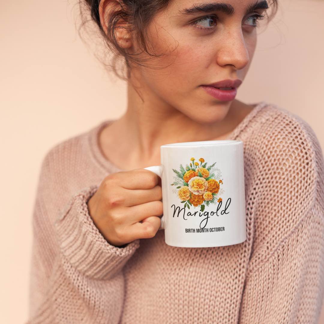 Marigold flower- birth month October - 11oz ceramic mug- front- Alinaimprints 