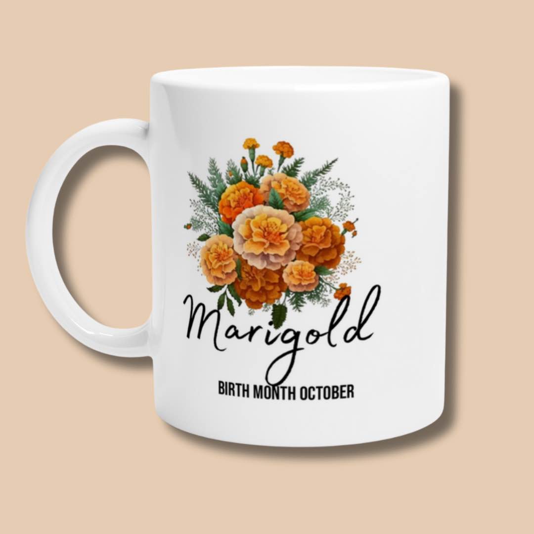 Marigold flower- birth month October - 11oz ceramic mug- front- Alinaimprints 