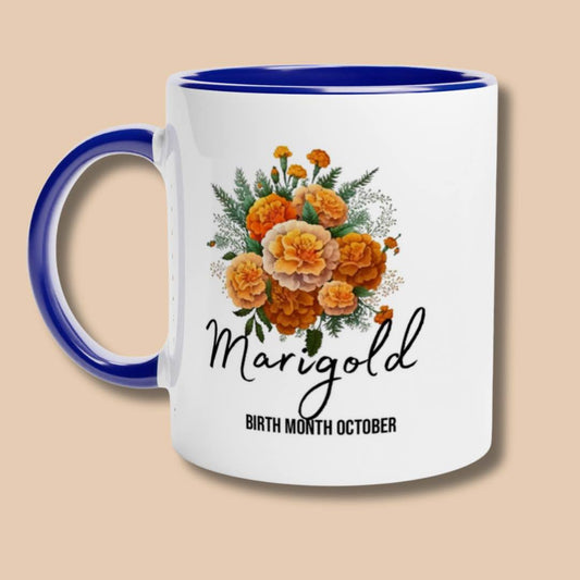 Marigold flower- birth month October- blue-11oz ceramic mug- Alinaimprints 
