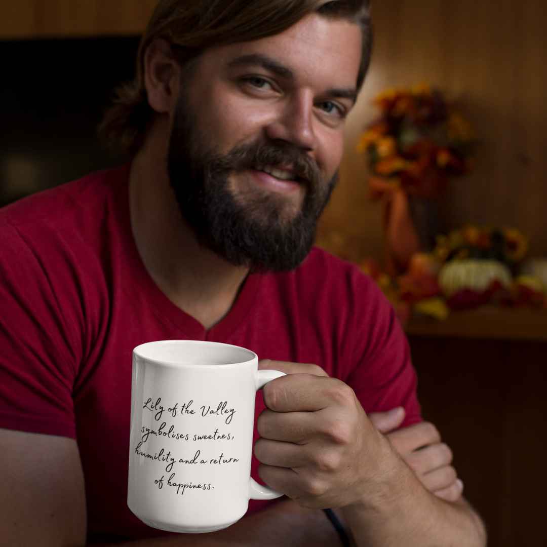 Bearded man posing Lily of the valley flower mug