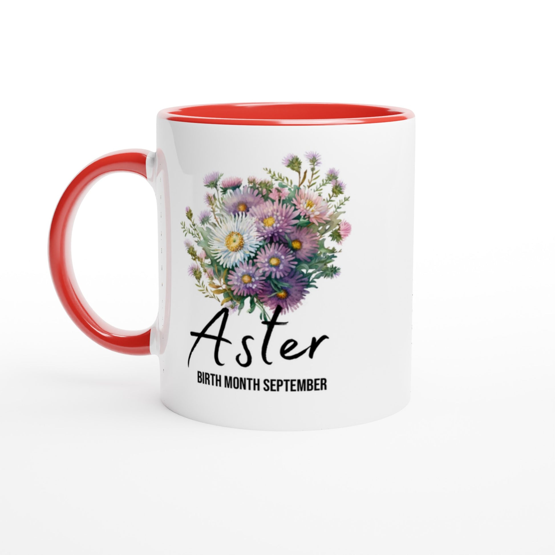 Aster flower- birth month September - 11oz ceramic mug with colour inside-red-front- Alinaimprints 