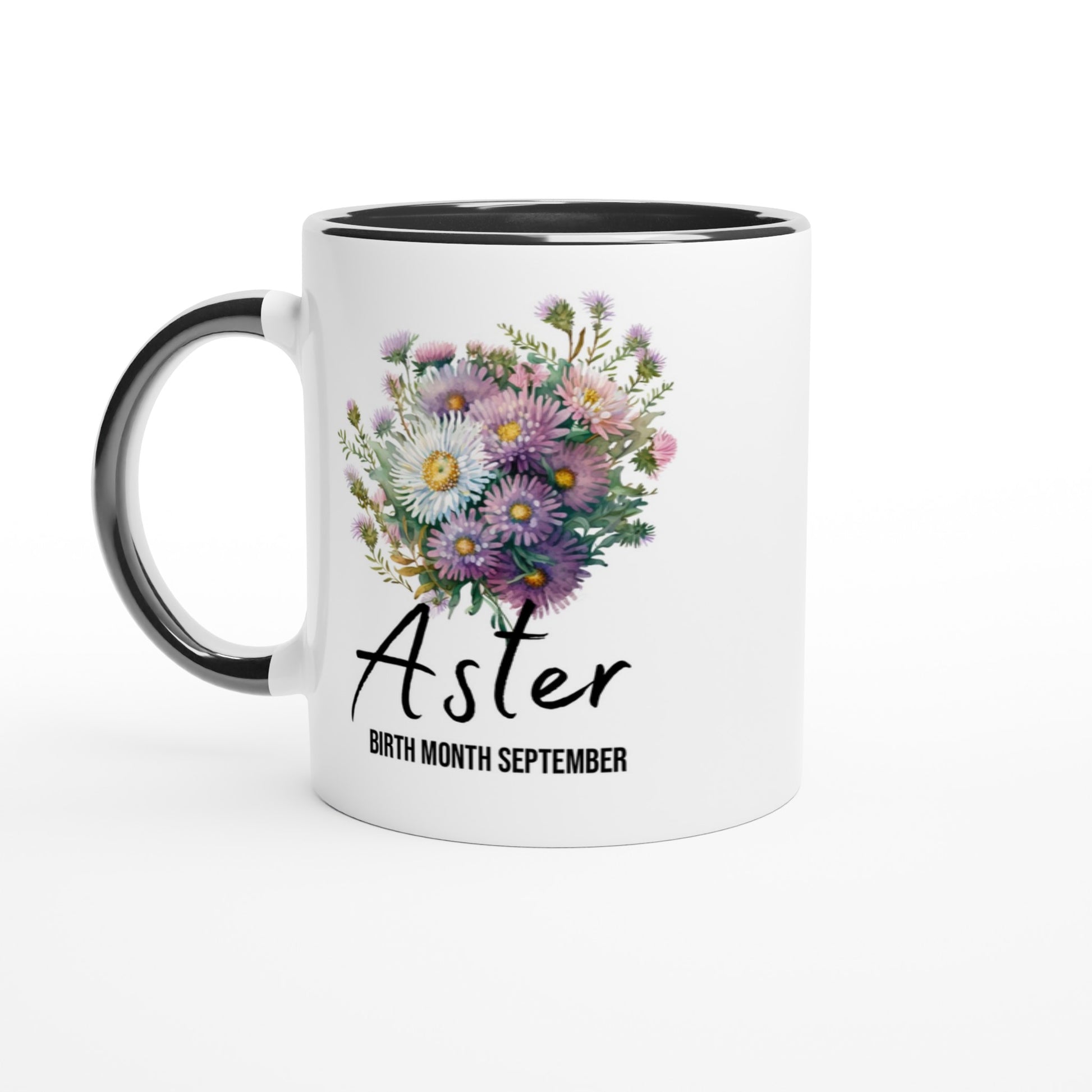 Aster flower- birth month September - 11oz ceramic mug with colour inside-black-front- Alinaimprints 