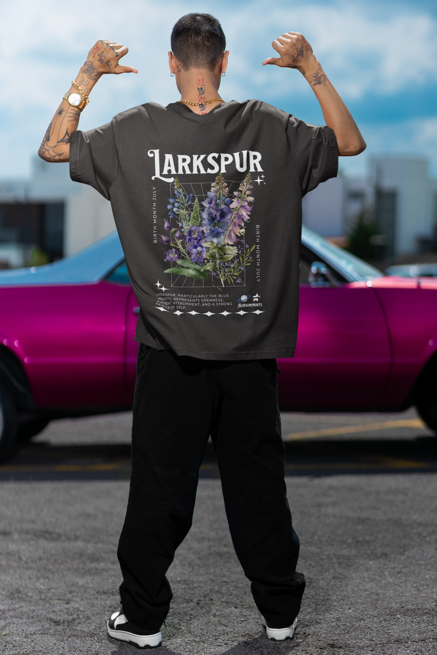 Larkspur, birth month July flower Heavyweight Unisex Crewneck T-shirt