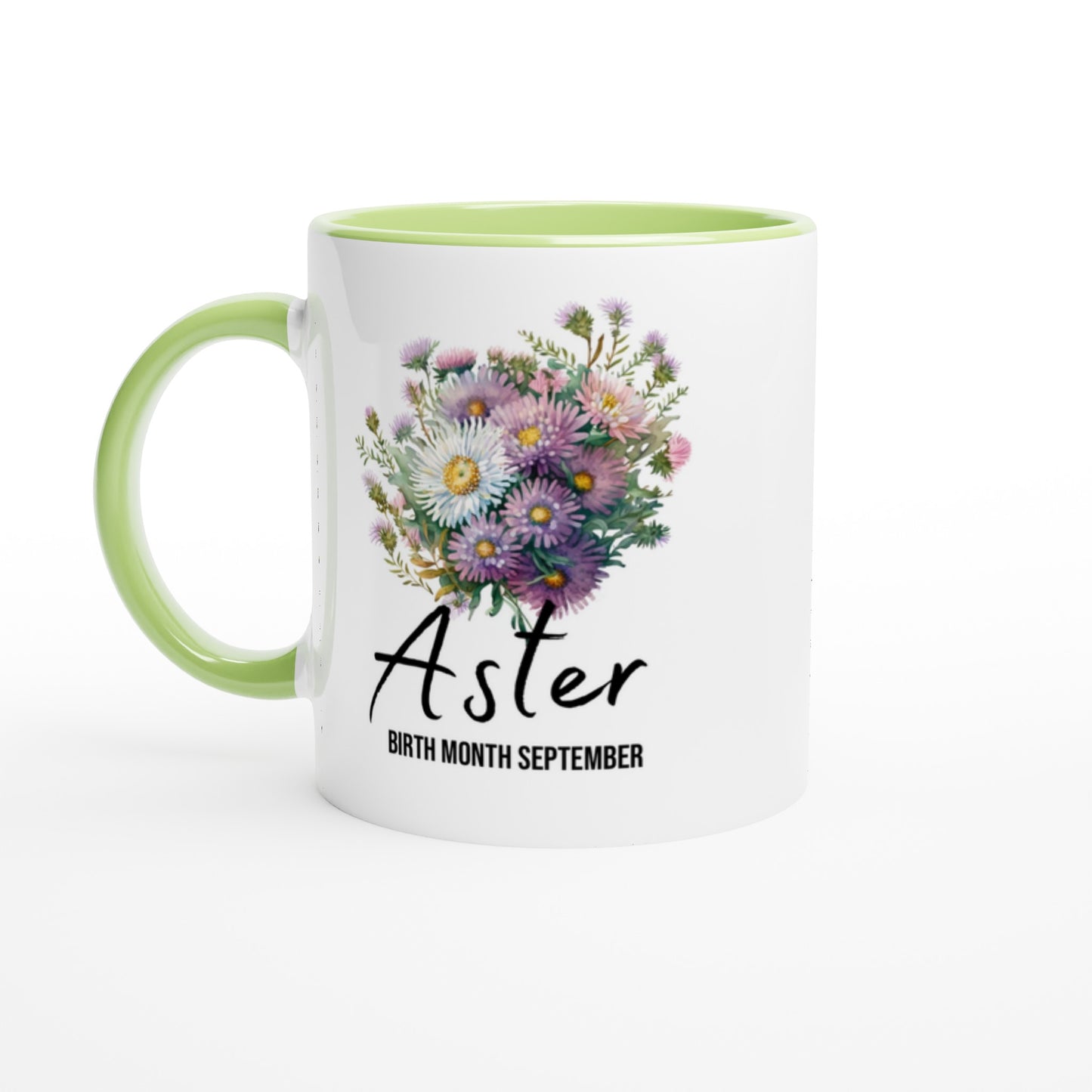 Aster flower- birth month September - 11oz ceramic mug with colour inside-green-front- Alinaimprints 