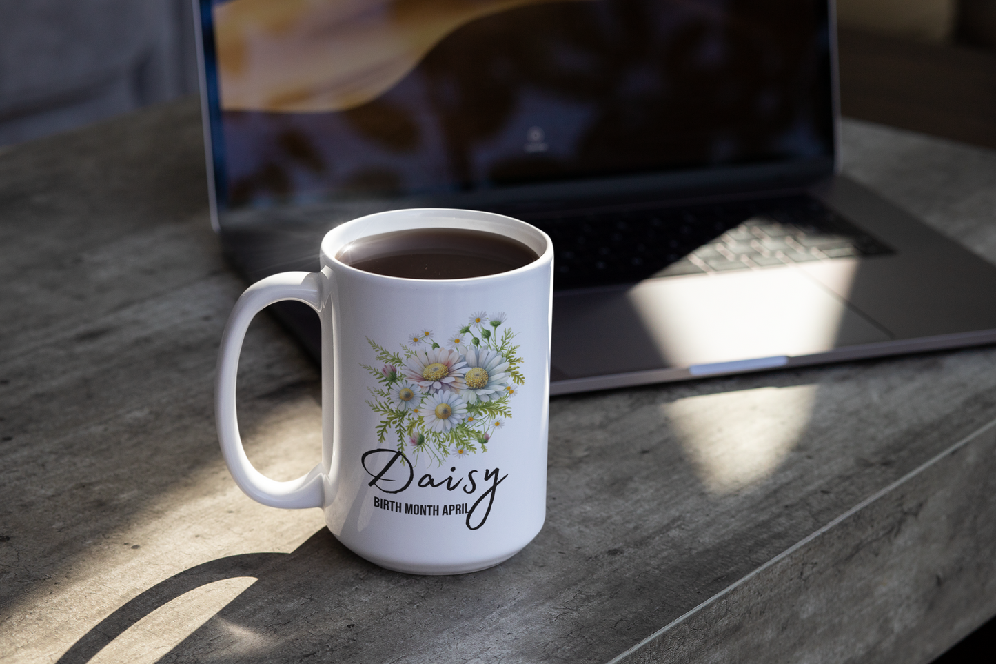 Daisy, birth month April flower White 15oz Ceramic Mug