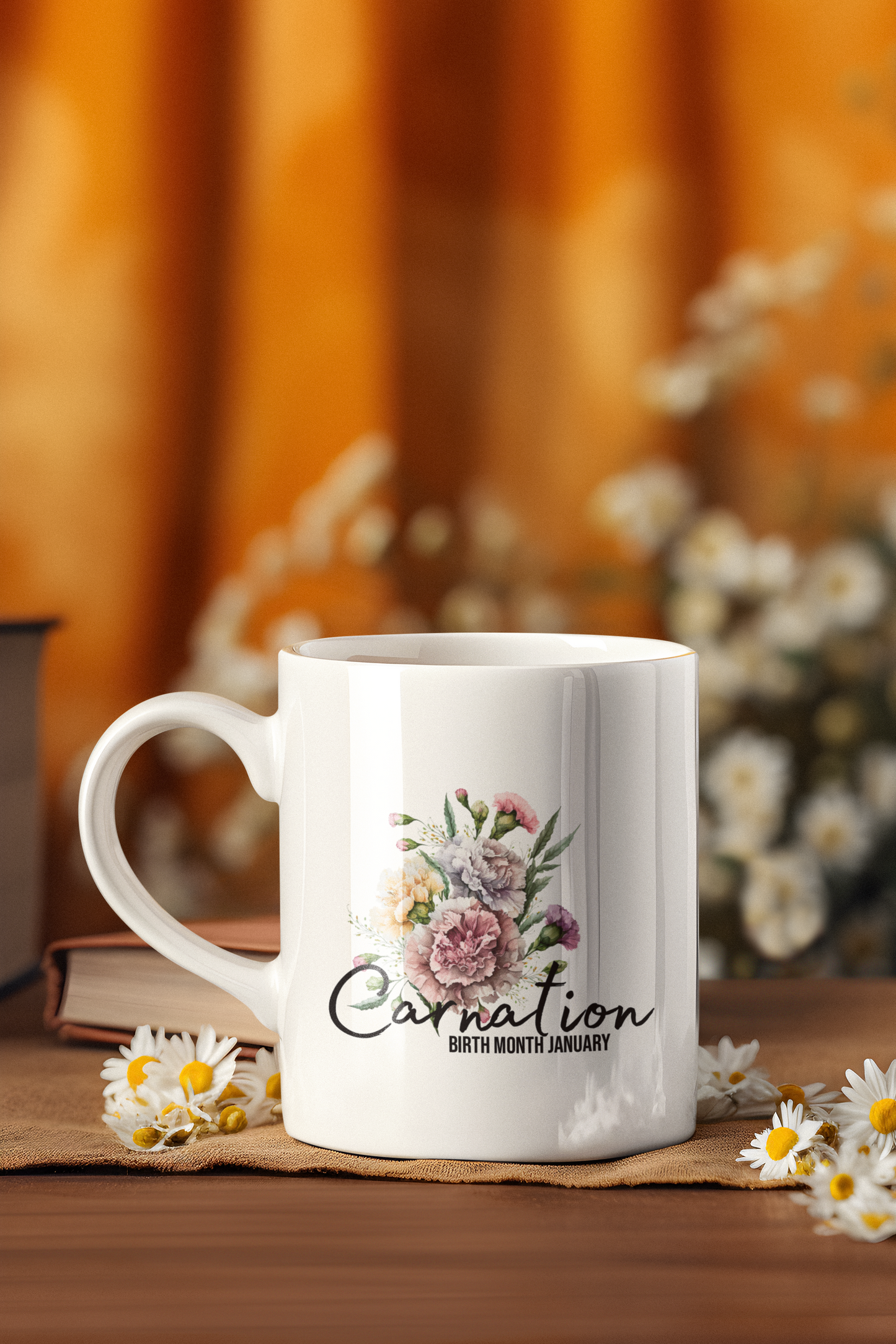 Carnation, birth month January flower White 11oz Ceramic Mug