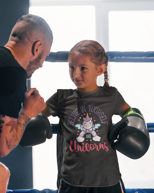 “Believe in yourself and unicorns” Classic Kids Crewneck T-shirt.